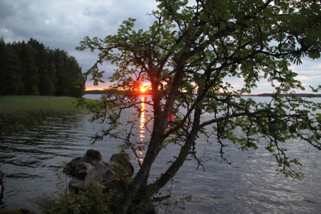 Auringonlasku. Aholan mökit Padasjoki.